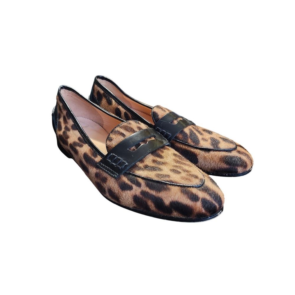 J.Crew Academy Penny Loafers Women 6 Leopard Print Calf Hair Patent Leather Trim